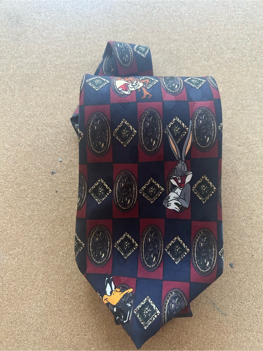 Looney Tunes Novelty Tie — Bugs Bunny & Daffy Duck on Burgundy/Navy